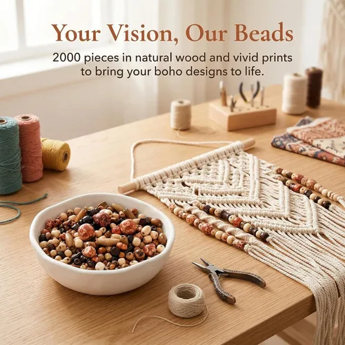 Vista 8 de Cedilis 2000 cuentas de madera impresas, cuentas africanas surtidas de 5 a 0.827 in, cuentas de macramé de madera suelta natural para joyas