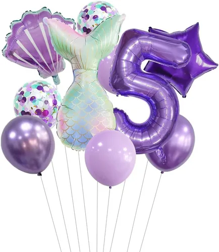 Vista 20 de 7 globos de sirena con números para fiesta de cumpleaños de 1, 2, 3, suministros de decoración de cola de sirena para niñas (número 0)