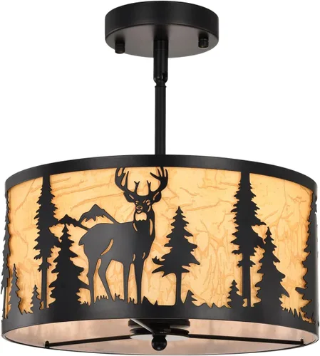 Vista 10 de Lámpara de techo semiempotrada, lámpara de techo rústica de metal de pergamino blanco con diseño de mariposa, candelabros negros industriales de 3