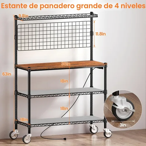 Vista 2 de Leteuke Estante para panaderos con toma de corriente y almacenamiento, soporte para microondas de 36 pulgadas, carrito de cocina de metal de 4 Negro