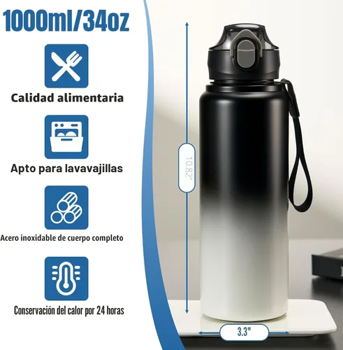 Vista 2 de Botella de agua aislada de 1 l/33 onzas con pajilla, material alimenticio de acero inoxidable, botella de agua grande de grado alimenticio
