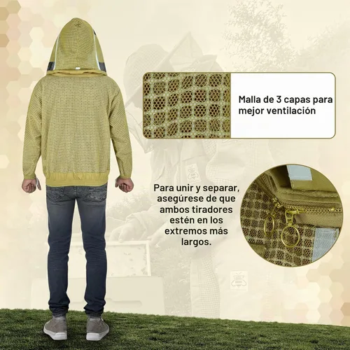 Vista 6 de Chaqueta de abeja de malla ventilada de 3 capas para hombres y mujeres con velos, chaqueta de apicultura a prueba de picaduras con guantes de cuero