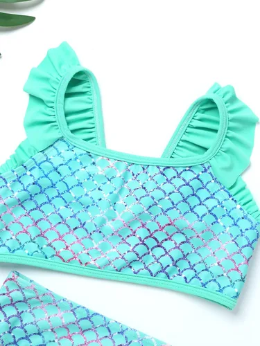 Vista 6 de Traje de baño de dos piezas con estampado de escamas de sirena para niñas y niñas