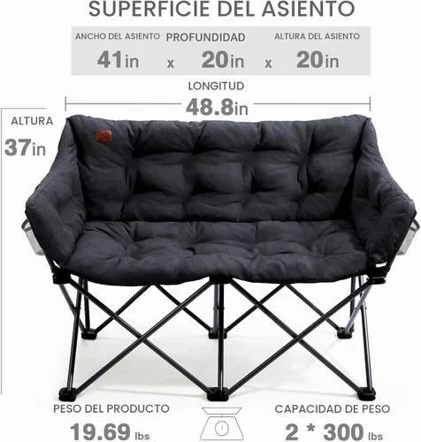 Vista 3 de EVER ADVANCED Silla de Campamento Doble para Adultos, Banco Loveseat de Campamento Plegable Acolchado con Bolsillo Lateral Sofá de Campamento