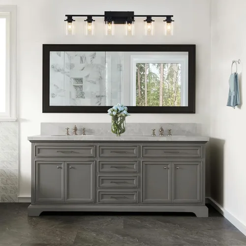 Vista 2 de 6 Luces de Tocador de Baño de Negro Mate con Vidrio Transparente y Base de Metal, Luces de Tocador Negras para Baño Sobre Espejo