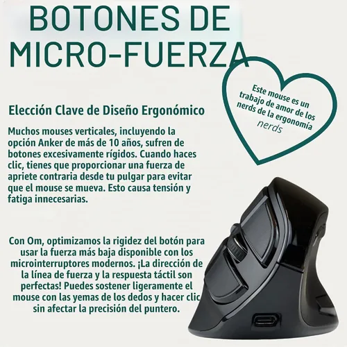 Vista 6 de Ergodriven Ratón ergonómico vertical Om Inalámbrico: Bluetooth y 2.4G Recargable, óptico, 4 niveles DPI, 5 botones personalizados para PC