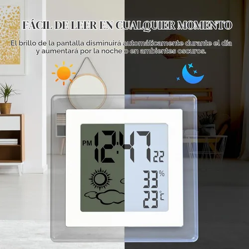 Vista 2 de Reloj pequeño digital, funciona con batería, despertador con retroiluminación automática, temperatura y humedad interior, 12/24H, fecha, reloj