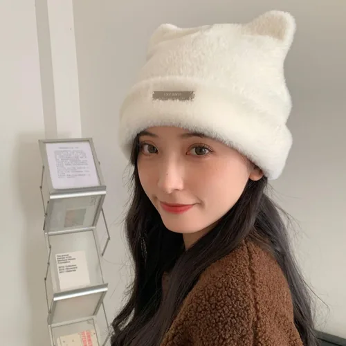 Vista 3 de Gorros de ganchillo con diseño de gato para mujer, lindos gorros de orejas de oso para mujer, gorros de invierno holgados con calavera Y2K
