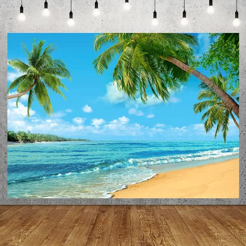 Vista 4 de Fondo de fotos de verano tropical de playa de Hawaii, 7 x 5 pies, palmera, viaje de vacaciones, cielo azul, vacaciones, niño, niña, adulto, retrato