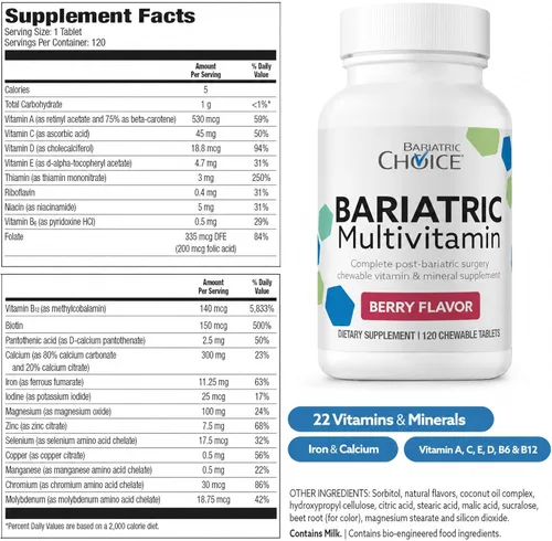 Vista 7 de Bariatric Choice My Bariatric - Multivitamínico masticable con hierro y 300 mg de calcio, bayas (120 unidades)
