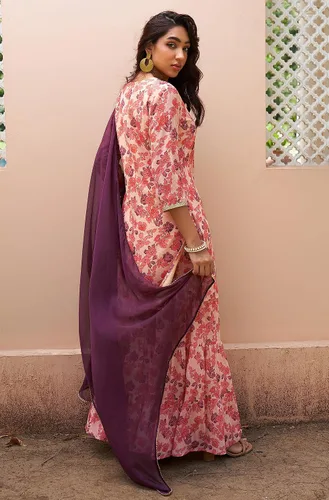 Vista 7 de Janasya Conjunto Kurta Embellecido con estampado floral digital rosa Georgette para mujer