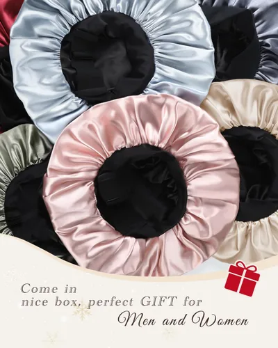 Vista 7 de Hat Hut Gorro de satén de seda para dormir para mujer, gorro de pelo para cabello rizado, banda ancha ajustable, doble capa