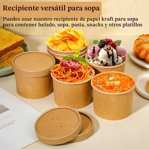 Vista 6 de Paquete de 50 recipientes de sopa de 12 onzas con tapas, vasos Marrón 50 Pack 12 oz