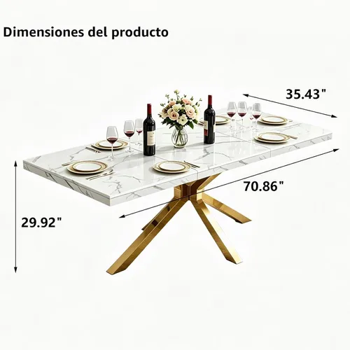 Vista 3 de Henf Mesa de comedor de mármol sintético blanco de 70 pulgadas para 4-6 personas, mesa de cocina rectangular moderna con mesa de mármol sintético