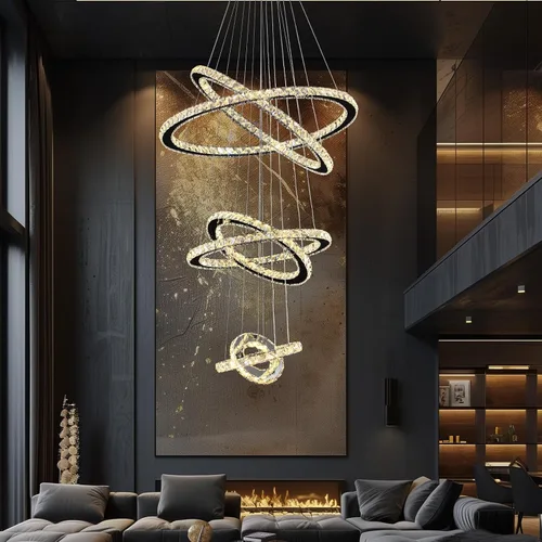 Vista 8 de Siljoy Moderna lámpara de araña de cristal, 6 anillos, lámpara de techo LED con 3 colores, lámpara de techo alto para sala de estar, comedor