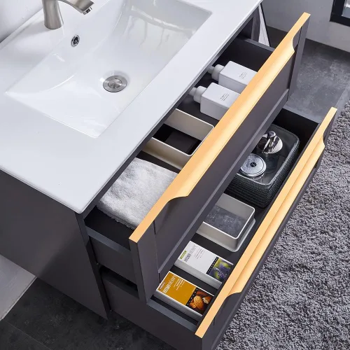 Vista 5 de Vanidad flotante de 30 pulgadas, juego de tocador de baño de montaje en pared azul, tocador de baño moderno con fregadero, armario de baño combinado