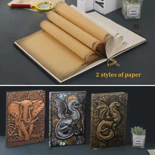 Vista 4 de FEIDIAO Cuaderno vintage de cuero con relieve de elefante con bolígrafo/funda para bolígrafo, cuaderno de tapa dura A5, para bloc de notas