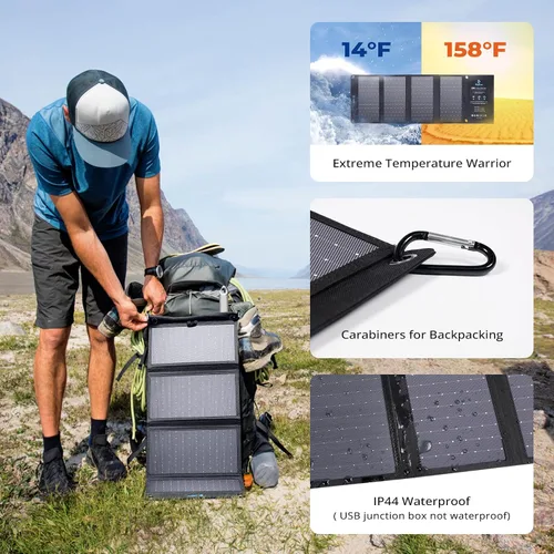 Vista 7 de BigBlue Cargador de panel solar de 28W con USB-C dual y USB-A, cargador solar portátil para teléfono para acampar, hacer senderismo, hacer mochila