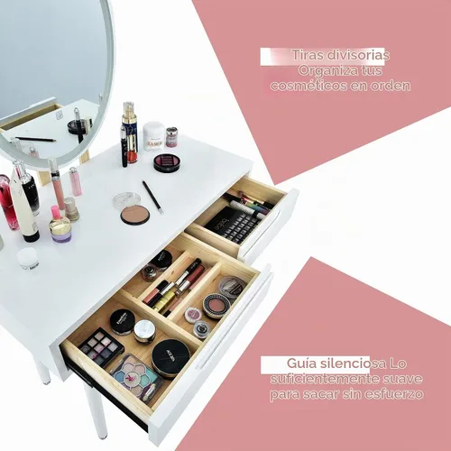 Vista 5 de CHARMAID Juego de tocador con espejo iluminado, espejo de brillo ajustable de 3 modos, tocador de maquillaje con taburete acolchado, 2 cajones