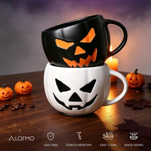 Vista 4 de Halloween Pumpkin Coffee Mugs Set of 2, 16oz Stoneware Coffee Cups