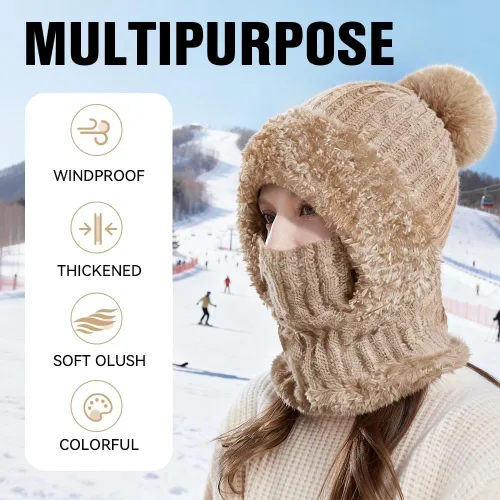 Vista 4 de Gorro 3 en 1 para mujer, pasamontañas de invierno con máscara facial, gorro de punto con forro polar con pompones, máscara de esquí resistente al