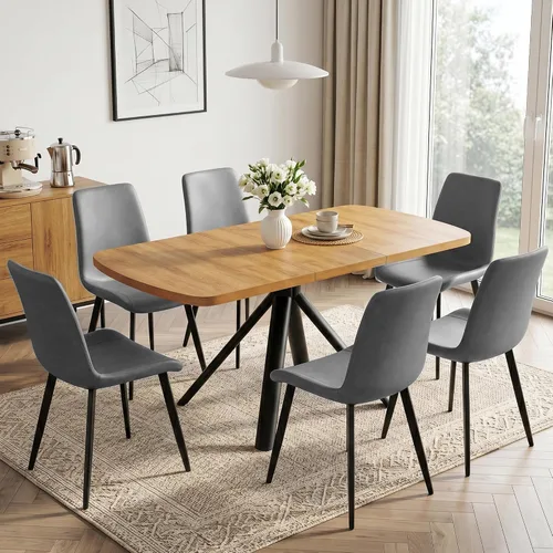Vista 8 de HIPIHOM Mesa de comedor extensible para 4-6 personas, mesa rectangular de madera MDF de 47.2 a 63 pulgadas, estilo rústico de granja, diseño que