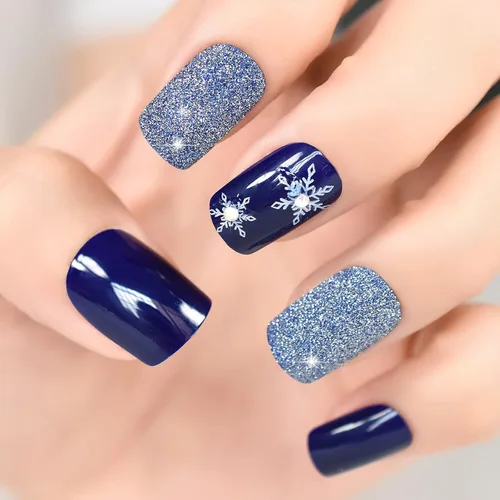 Vista 3 de ELEVENAIL Uñas postizas a presión de Navidad con purpurina azul oscuro, diseño de copo de nieve y diamantes de imitación de Navidad, longitud media
