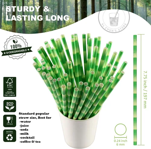 Vista 2 de [1000 unidades] Pajitas de papel de bambú verde para beber, 7.75 x 0.24 pulgadas, 100% biodegradables