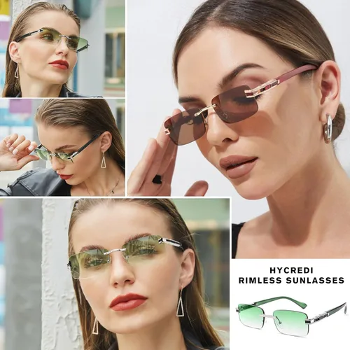 Vista 3 de Hycredi Gafas de sol rectangulares sin montura para mujeres y hombres, sin marco, pequeñas gafas cuadradas tintadas de los años 90