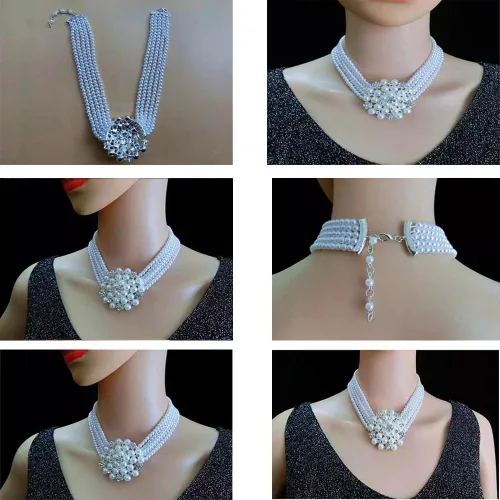 Vista 5 de Conjunto de joyería de gargantilla exagerada y elegante de múltiples capas con perlas de imitación + aretes, collar de novia, accesorios