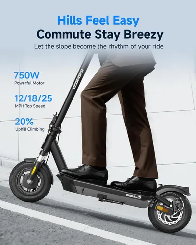 Vista 3 de ECOROAD Scooter eléctrico para adultos, motor de 750 W y 25 MPH y 30-35 millas de largo alcance, neumáticos de 8.5 y 10 pulgadas con doble