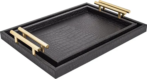 Vista 6 de Juego de 2 bandejas de servir grandes modernas y elegantes de madera, bandeja decorativa rectangular para otomana y mesa de café, de cuero