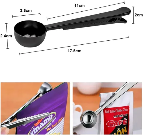 Vista 2 de Cuchara de café con clip de cucharada de acero inoxidable Cuchara de café con mango largo multifunción Bolsa de sellado Clip para té, café, proteína