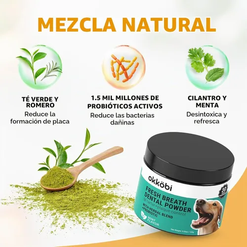Vista 2 de Polvo de limpieza de dientes de perro, ambientador de aliento de perro + cuidado dental para perros y gatos + removedor de sarro para dientes