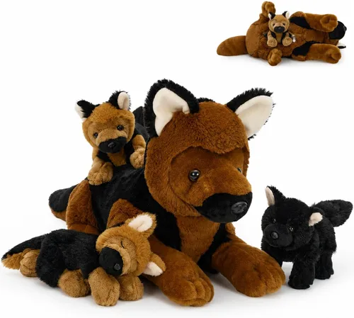 Vista 14 de MorisMos 4 piezas de animales salvajes africanos de peluche, mamá de 18 pulgadas con 3 cachorros de bebé, juguetes de peluche suaves y esponjosos