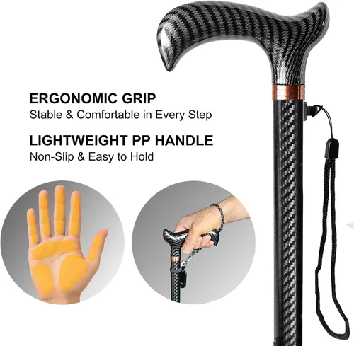 Vista 6 de Bastón de fibra de carbono ajustable, bastón ligero para hombres y mujeres, bastón premium para personas mayores con puntas de goma cuádruple