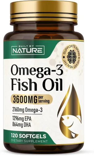Vista 2 de Built by Nature Aceite de pescado Omega-3 3600 mg – Alto EPA y DHA – 2160 mg Omega 3 por porción – Cápsulas blandas sin eructos de triple fuerza