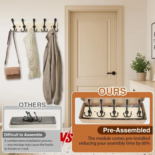 Vista 3 de Perchero de madera resistente para pared, paquete de 2 perchas de pared con 5 ganchos triples para ropa, chaqueta, sombrero, llaves, organizador