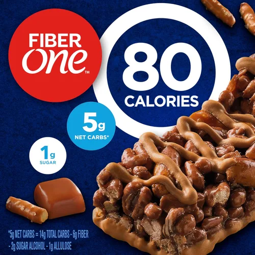 Vista 3 de Barras de merienda masticables Fiber One de 80 calorías, chocolate, caramelo y pretzel, 5 unidades, 4.1 oz 20% Daily Value of Fiber per Bar, 80