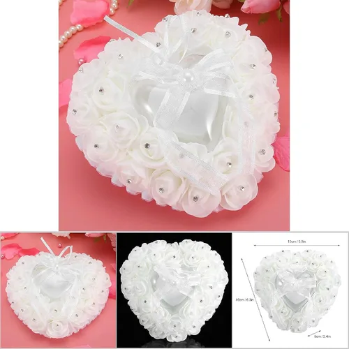 Vista 6 de TOPINCN Almohada de boda, soporte de caja de corazón de boda, romántica en forma de corazón, caja de boda, decoración de rosa, cojín de almohada