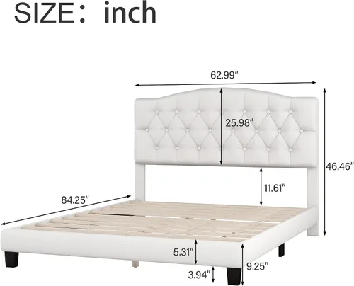 Vista 2 de DSHADE Base de cama Queen con plataforma tapizada de lino moderno, base de cama de madera maciza beige con cabecero, detalles capitoné de diamante