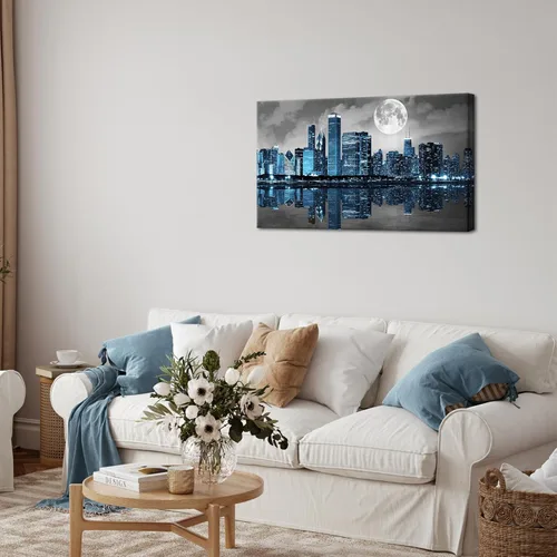 Vista 4 de Biuteawal Arte de pared negro blanco y azul de la ciudad, cuadros de Chicago, decoración de imágenes de luna, noche, paisaje urbano, horizonte