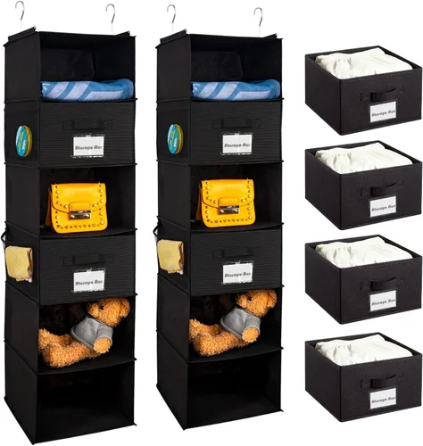 Vista 14 de BrilliantJo Organizador colgante de armario con 5 estantes, paquete de 2 unidades de almacenamiento colgante con 6 bolsillos laterales para ropa