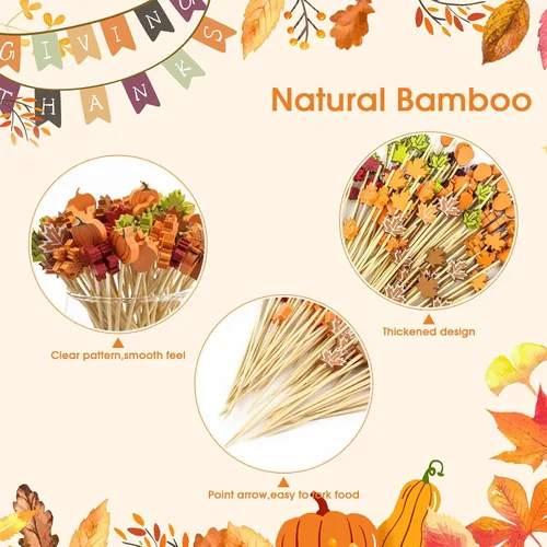 Vista 3 de 100 unidades de púas de cóctel de otoño de 12 cm, hojas, calabazas, bellotas, palillos de dientes decorativos elegantes de bambú, palillos