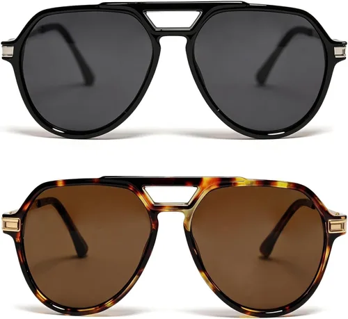 Vista 13 de VISOONE Aviator Sunglasses for Women Men UV400 Protection Retro Shades Negro/Marrón