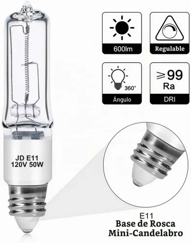 Vista 3 de Paquete de 4 bombillas halógenas JDE11 de 120 V 50 W, bombilla E11 con base de candelabro T4, 600 lúmenes, 2700 K, blanco cálido, regulable