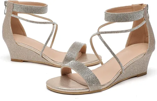 Vista 4 de DADAWEN Sandalias de cuña baja con diamantes de imitación y punta abierta para mujer, con correa en el tobillo, zapatos de tacón para fiesta o boda