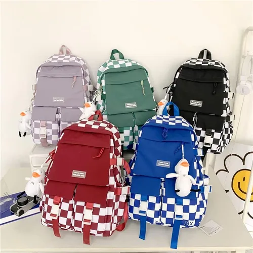Vista 5 de Mochila kawaii mochila escolar estudiante mochila de gran capacidad a cuadros en blanco y negro mochila campus linda para niñas, Púrpura, Classic