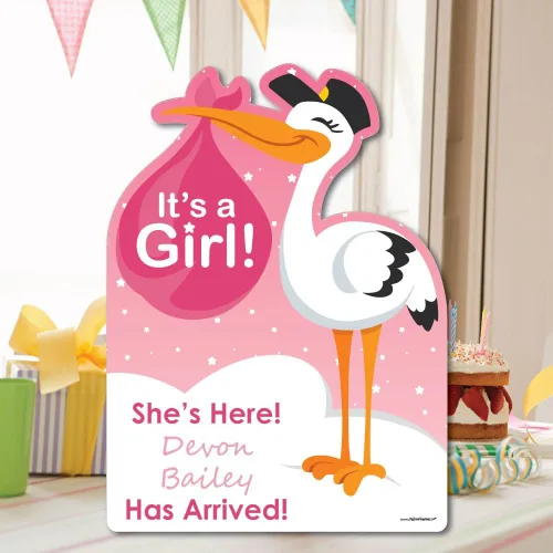 Vista 6 de Big Dot of Happiness Letrero de llegada de bebé personalizado con texto en inglés «It's A Girl Stork»