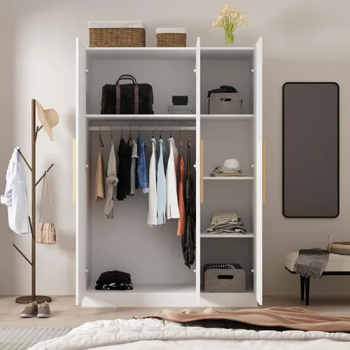 Vista 4 de MOUMON Armario con 3 puertas y estantes cubos, Armario con barra para colgar, armario para dormitorio, color blanco, 18.9 pulgadas de profundidad x